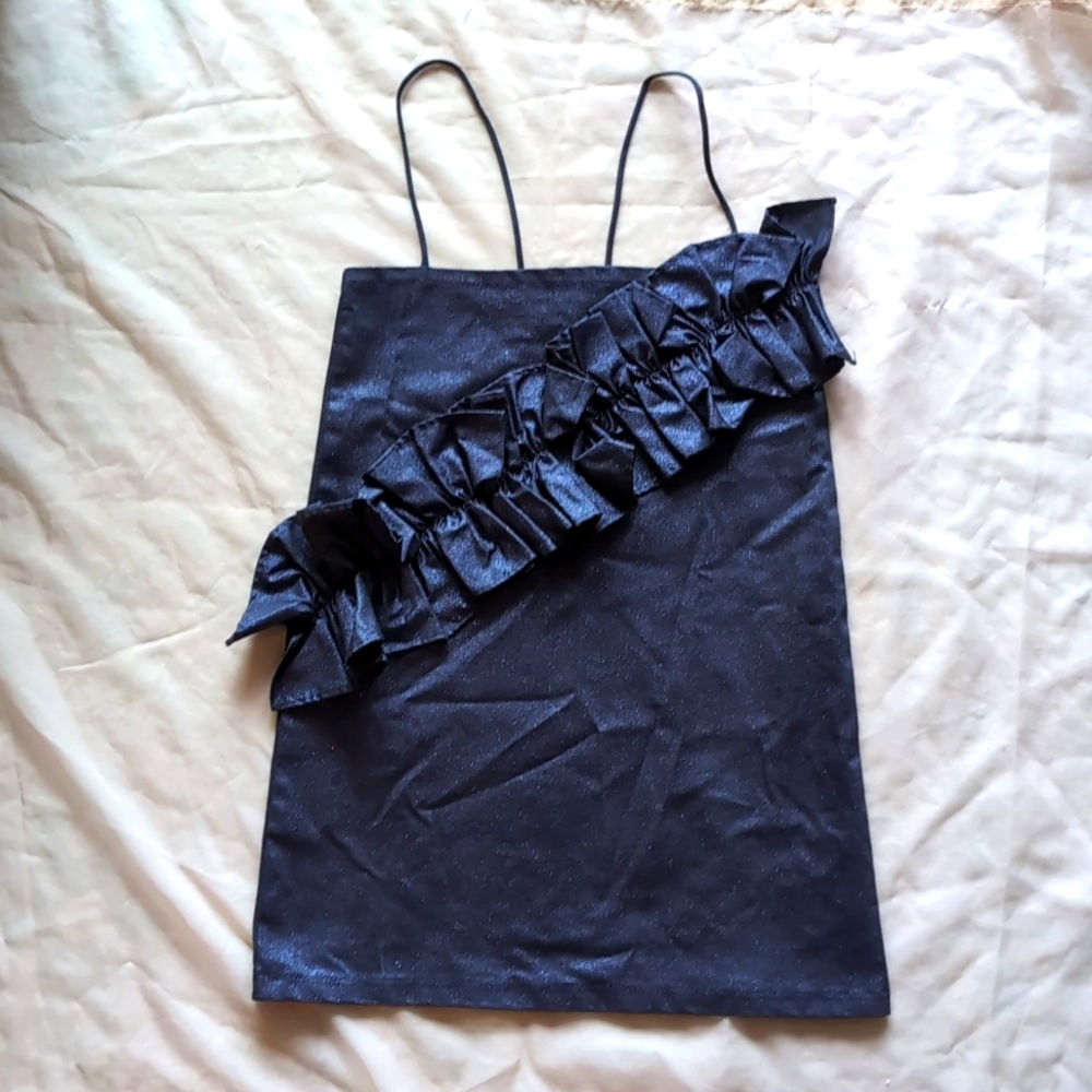 Sparkly Dark Blue Mini Dress with Ruffle Sash Detail XS